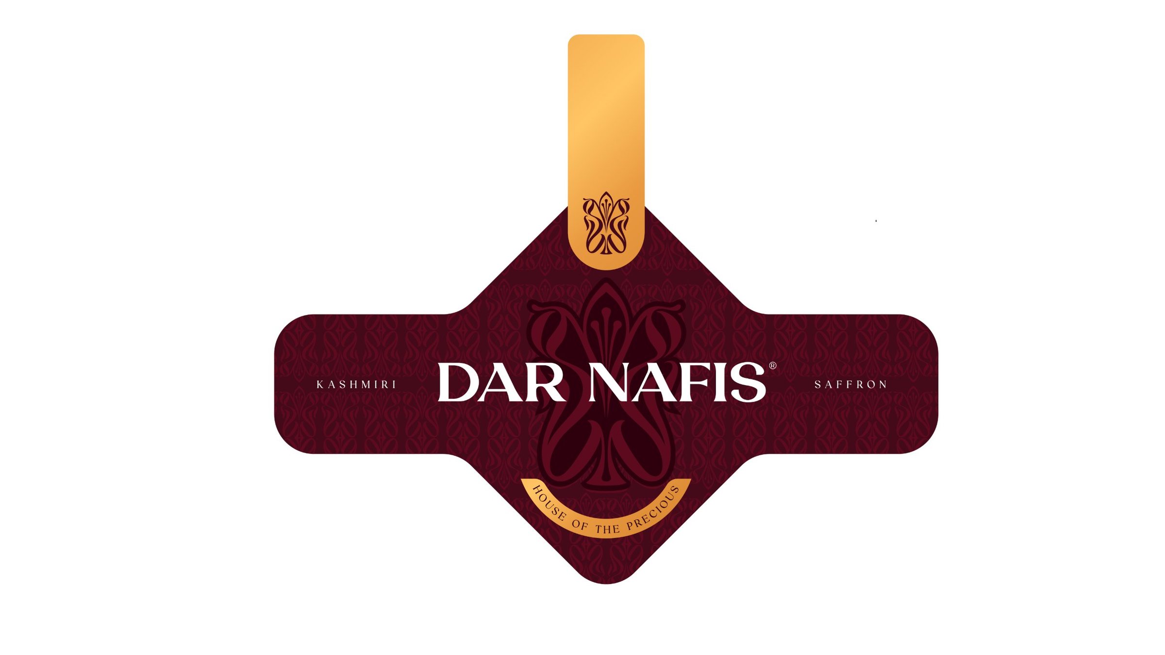 Flat crimson sash label with gold wordmark and security tab